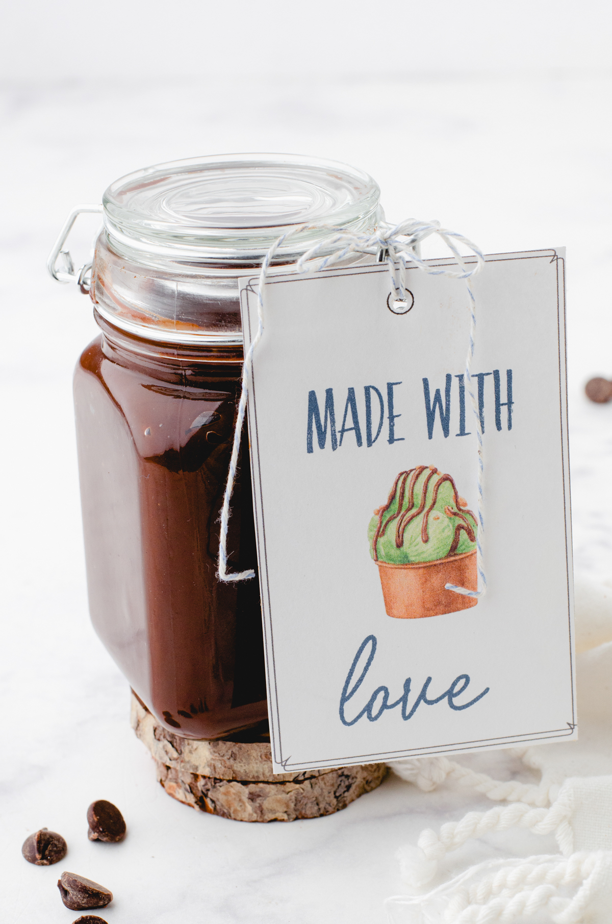 hot fudge sauce with a made with love sign attached