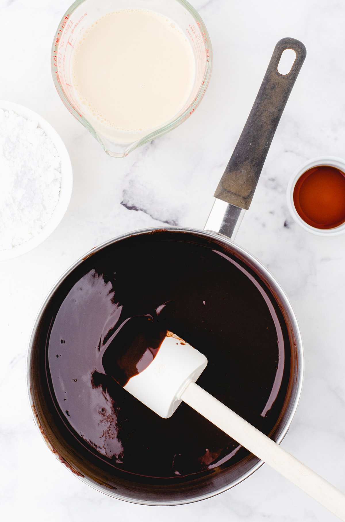 chocolate chips and butter melted in a pan