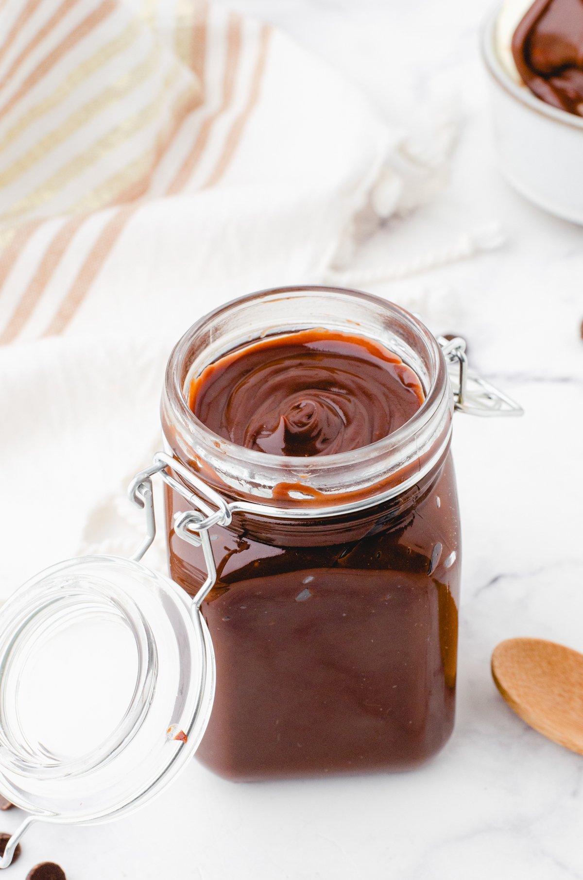 glass jar with homemade hot fudge