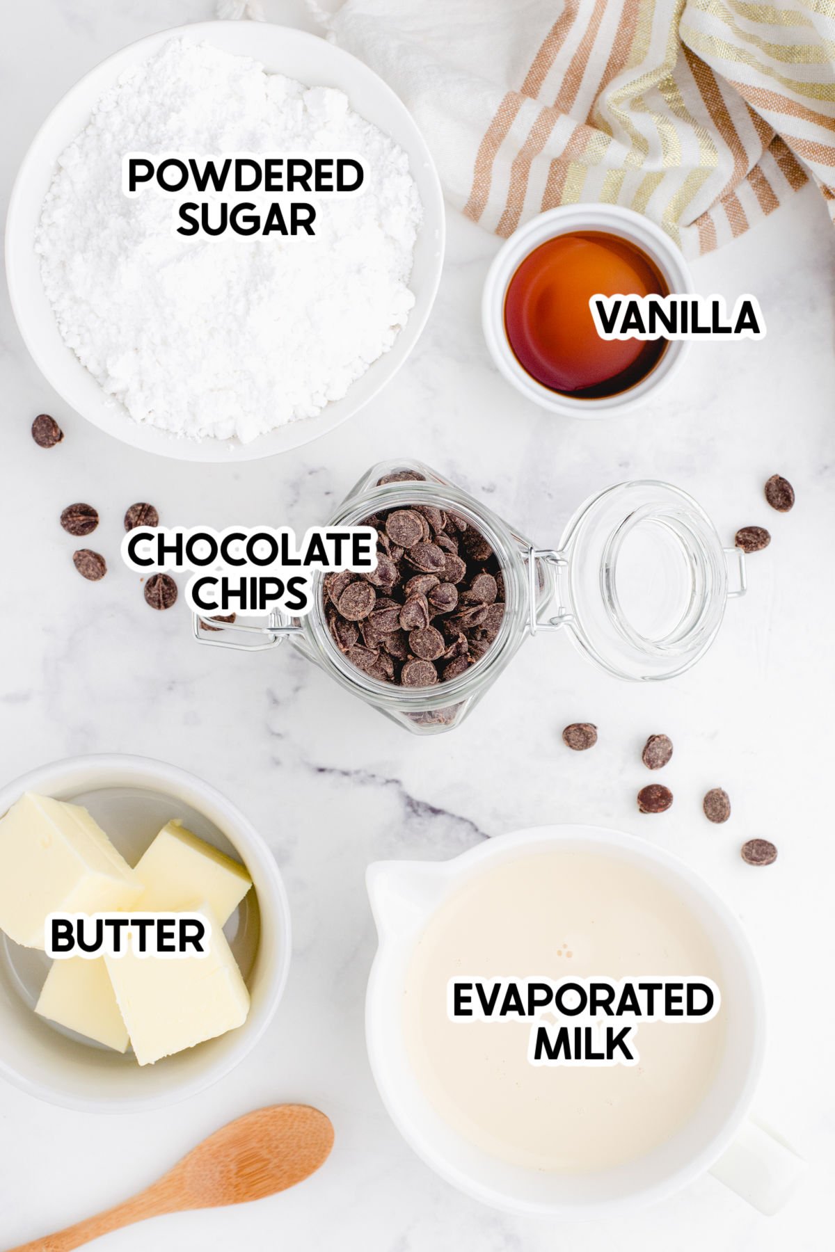 ingredients to make homemade hot fudge with labels