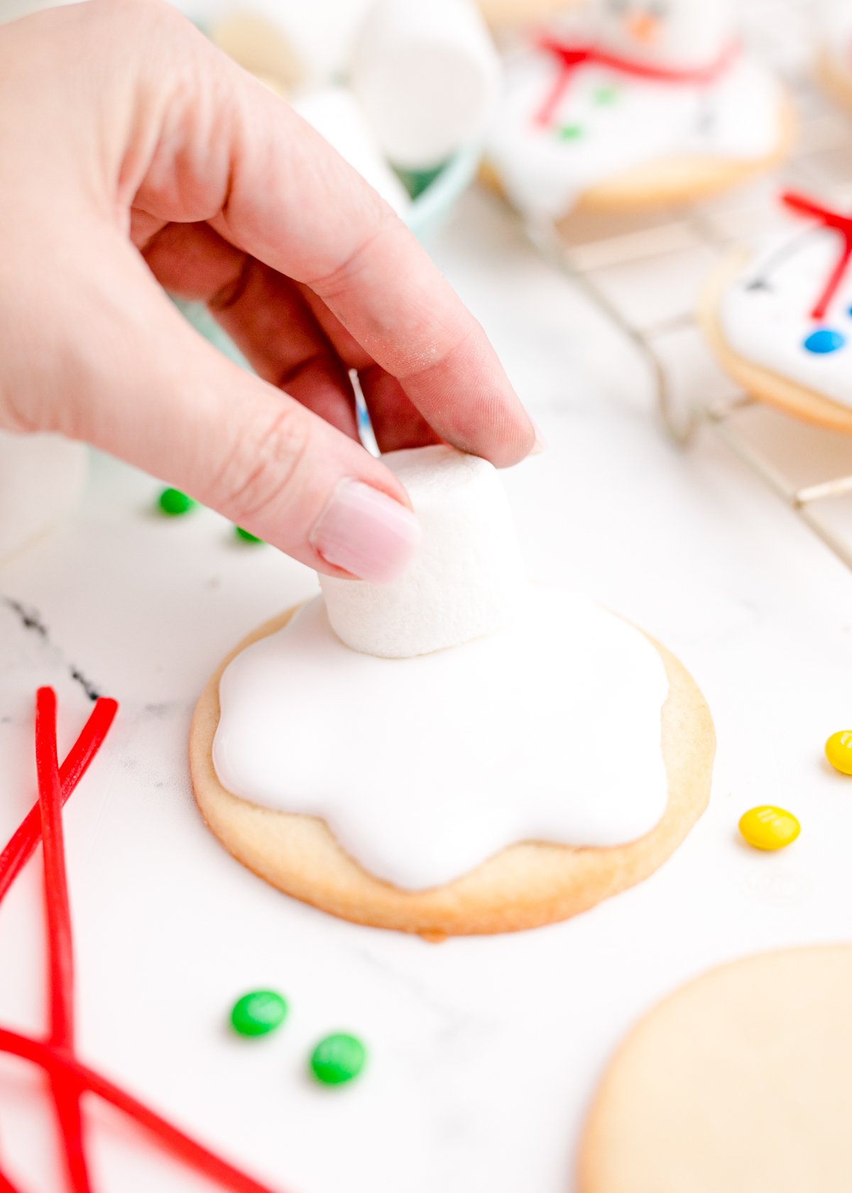 snowman on top of an iced sugar cookie