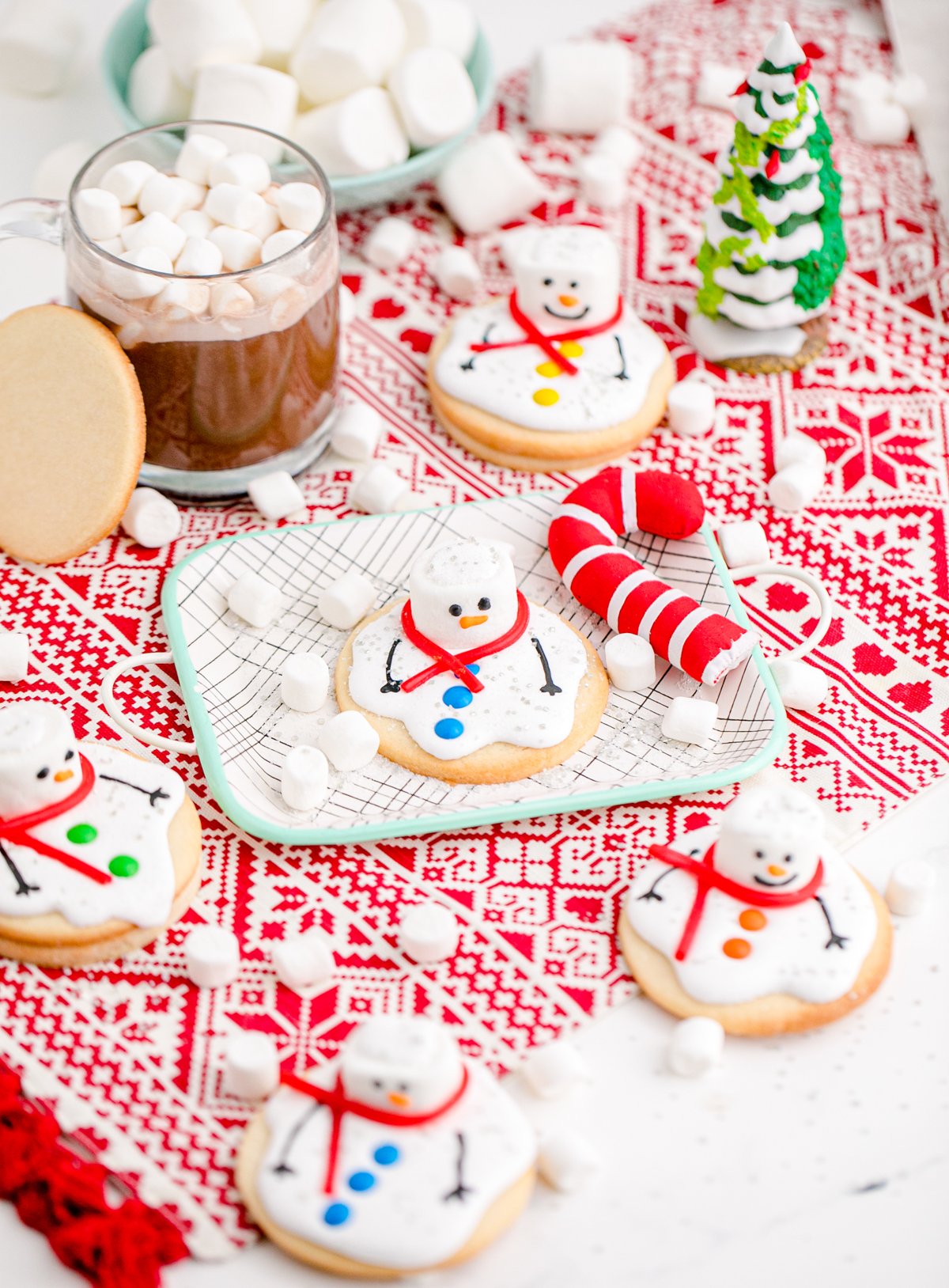 top down view of melted snowman cookies