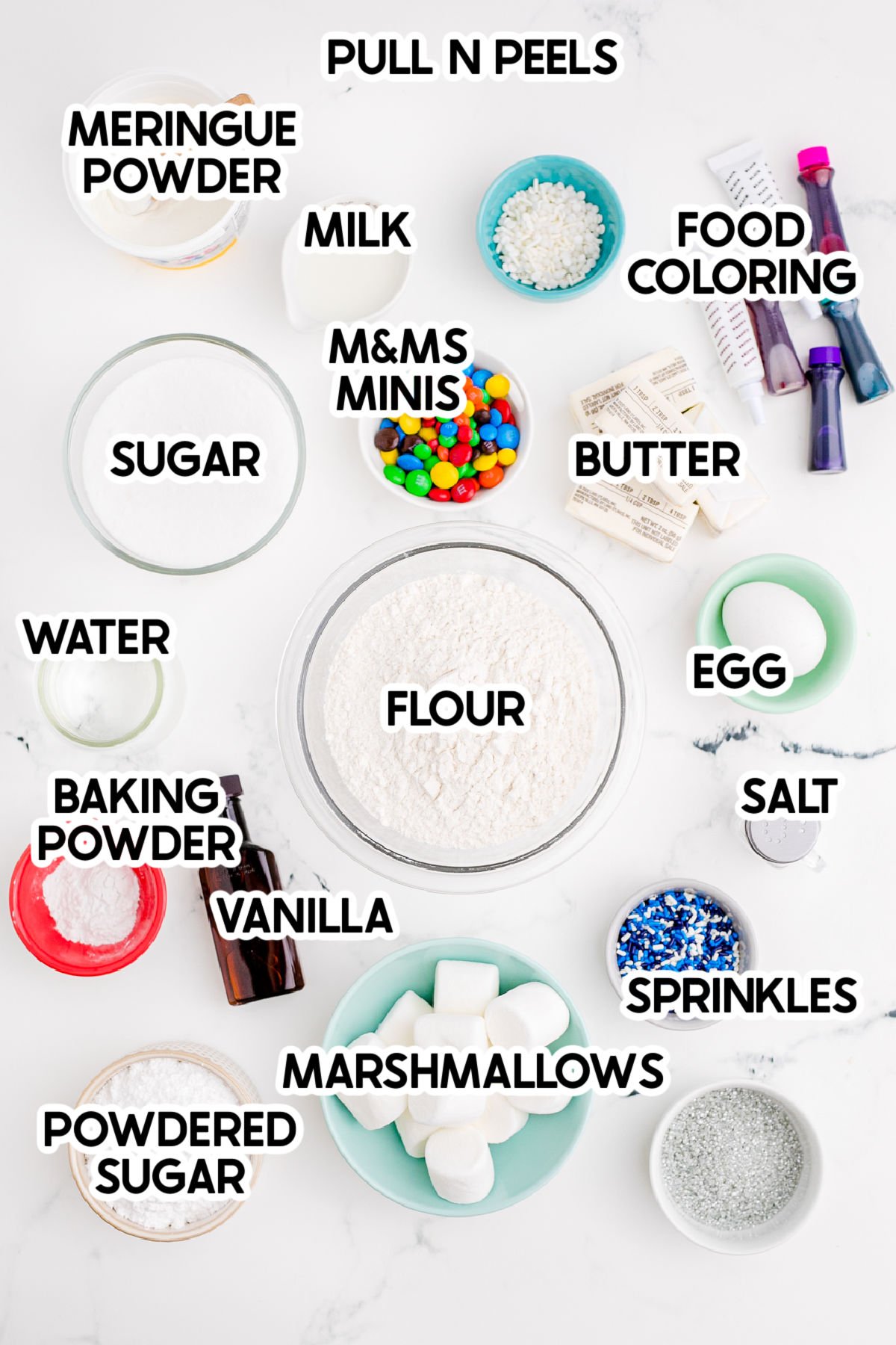 ingredients for melted snowman cookies with labels