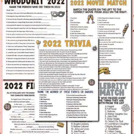 collage of New Year's Eve trivia games