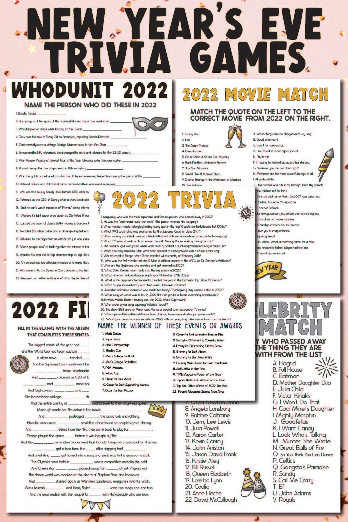 collage of New Year's Eve trivia games
