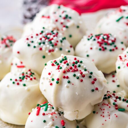 Pile of white chocolate peanut butter snowballs
