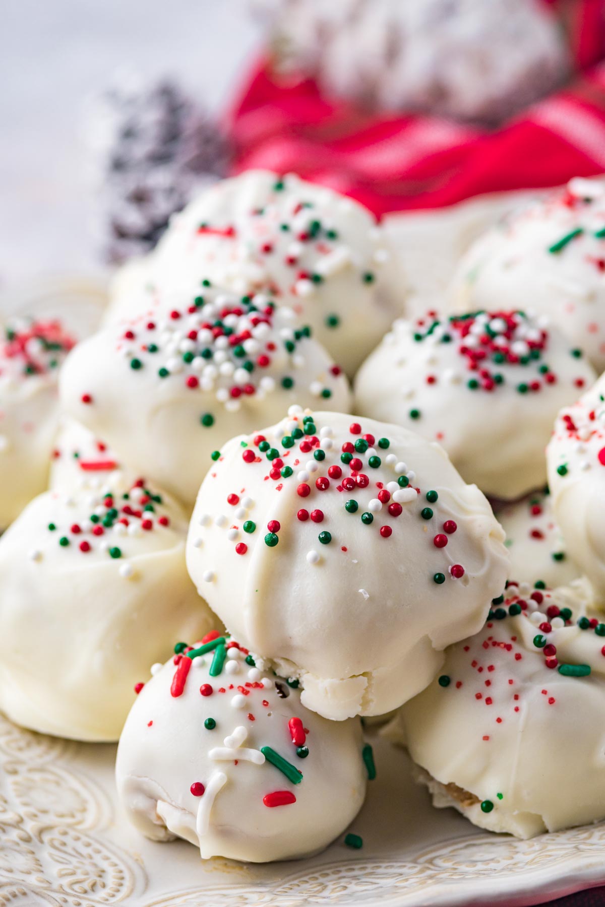 Pile of white chocolate peanut butter snowballs