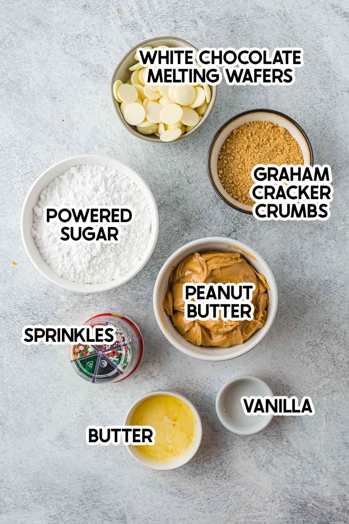 ingredients for peanut butter snowballs with labels