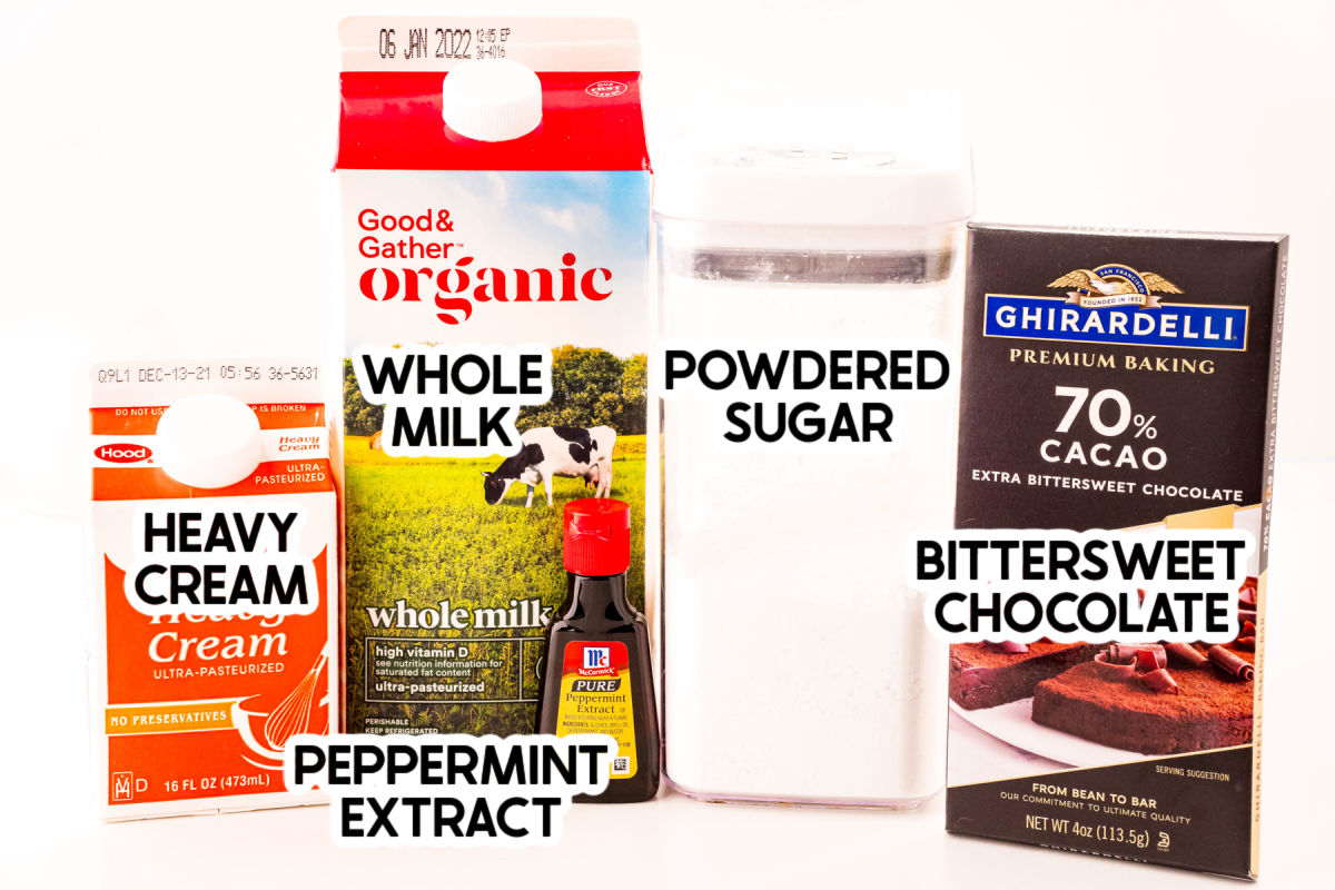 ingredients for peppermint hot chocolate with labels