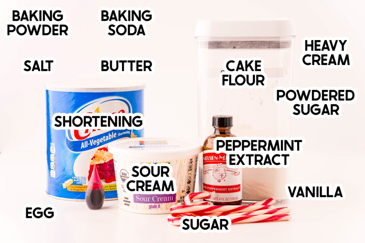 ingredients for peppermint sugar cookies with labels