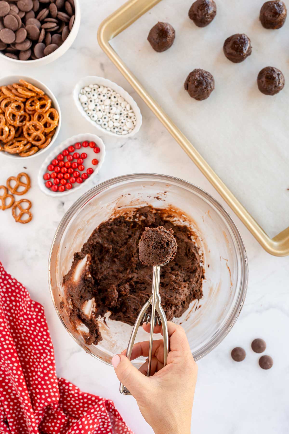 cookie scoop with chocolate ball mixture