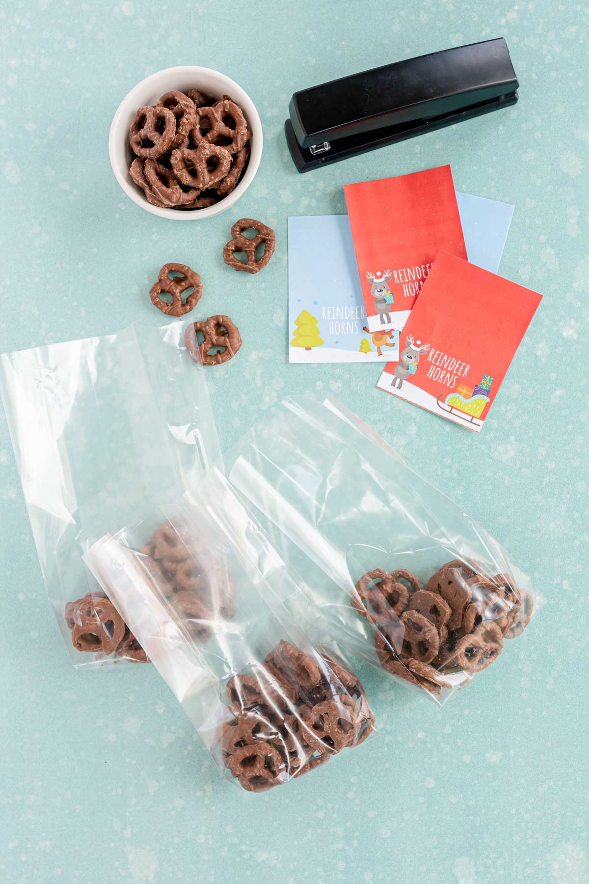 treat bags filled with chocolate covered pretzels