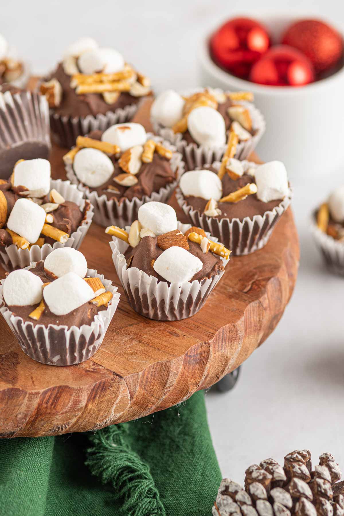 Wood cake stand with rocky road bites