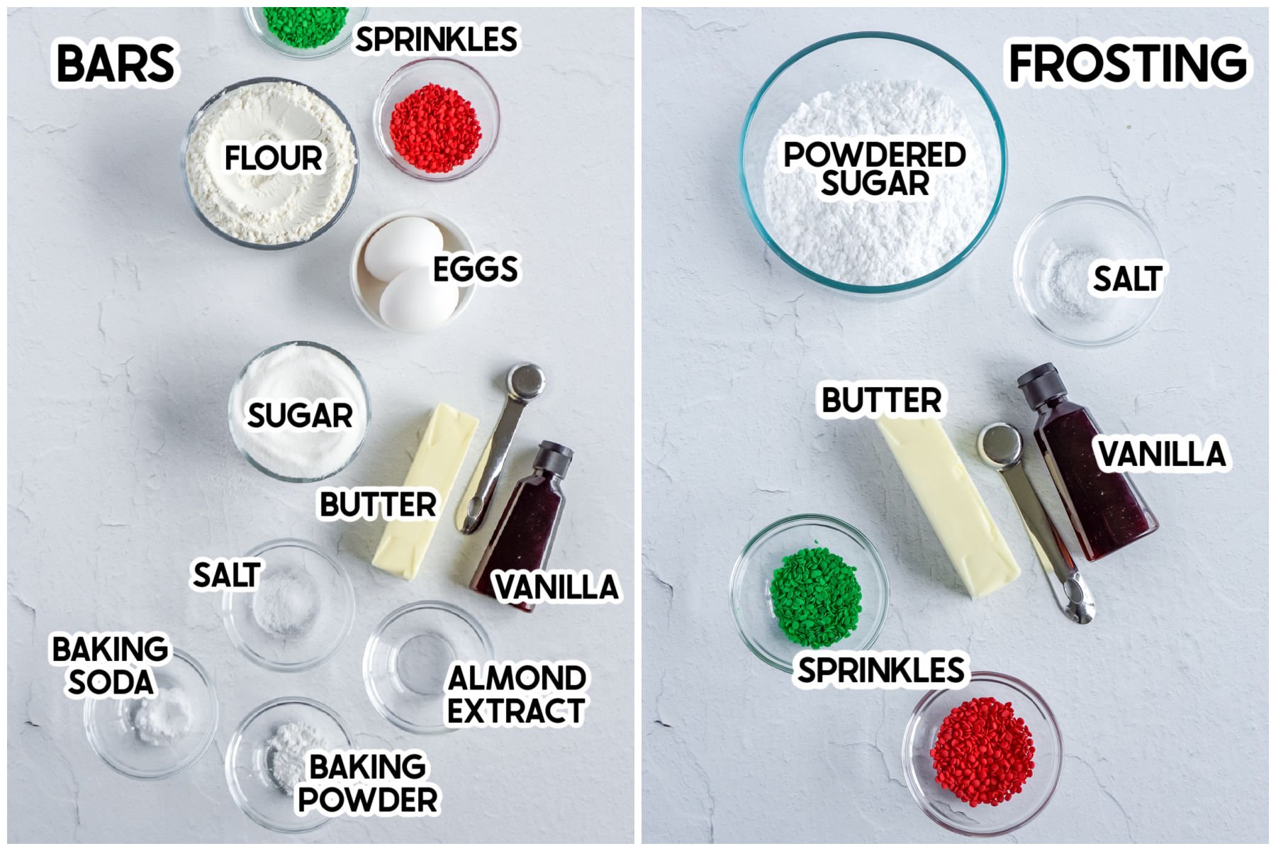 ingredients for Christmas sugar cookie bars with labels