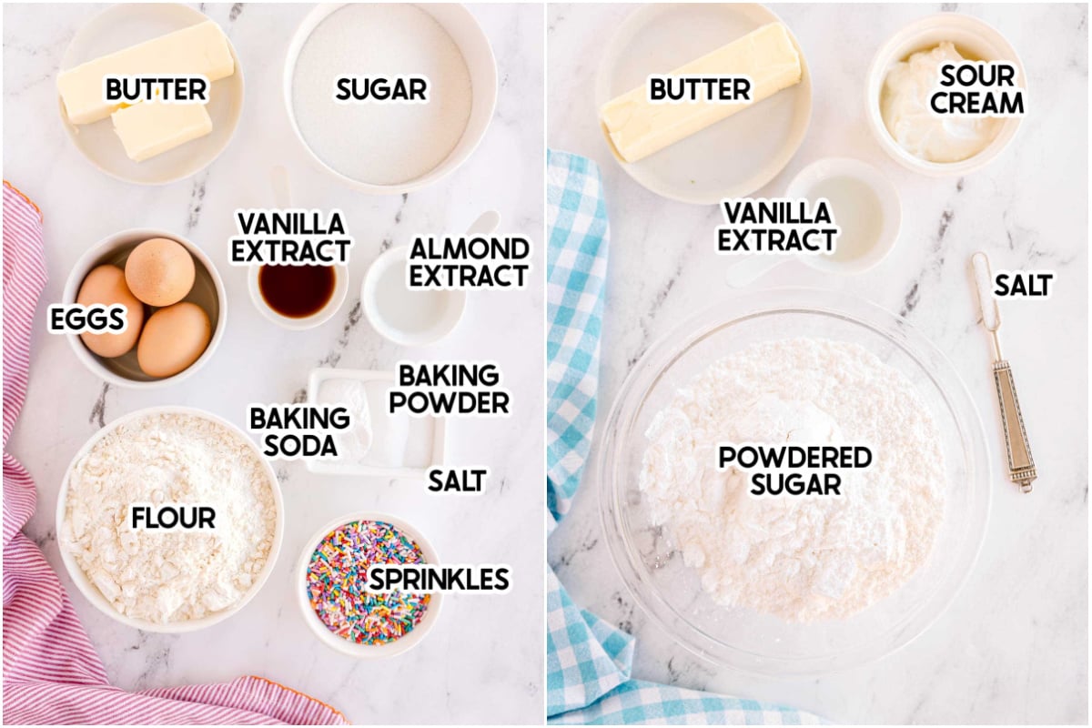 ingredients in frosted sugar cookie bars with labels