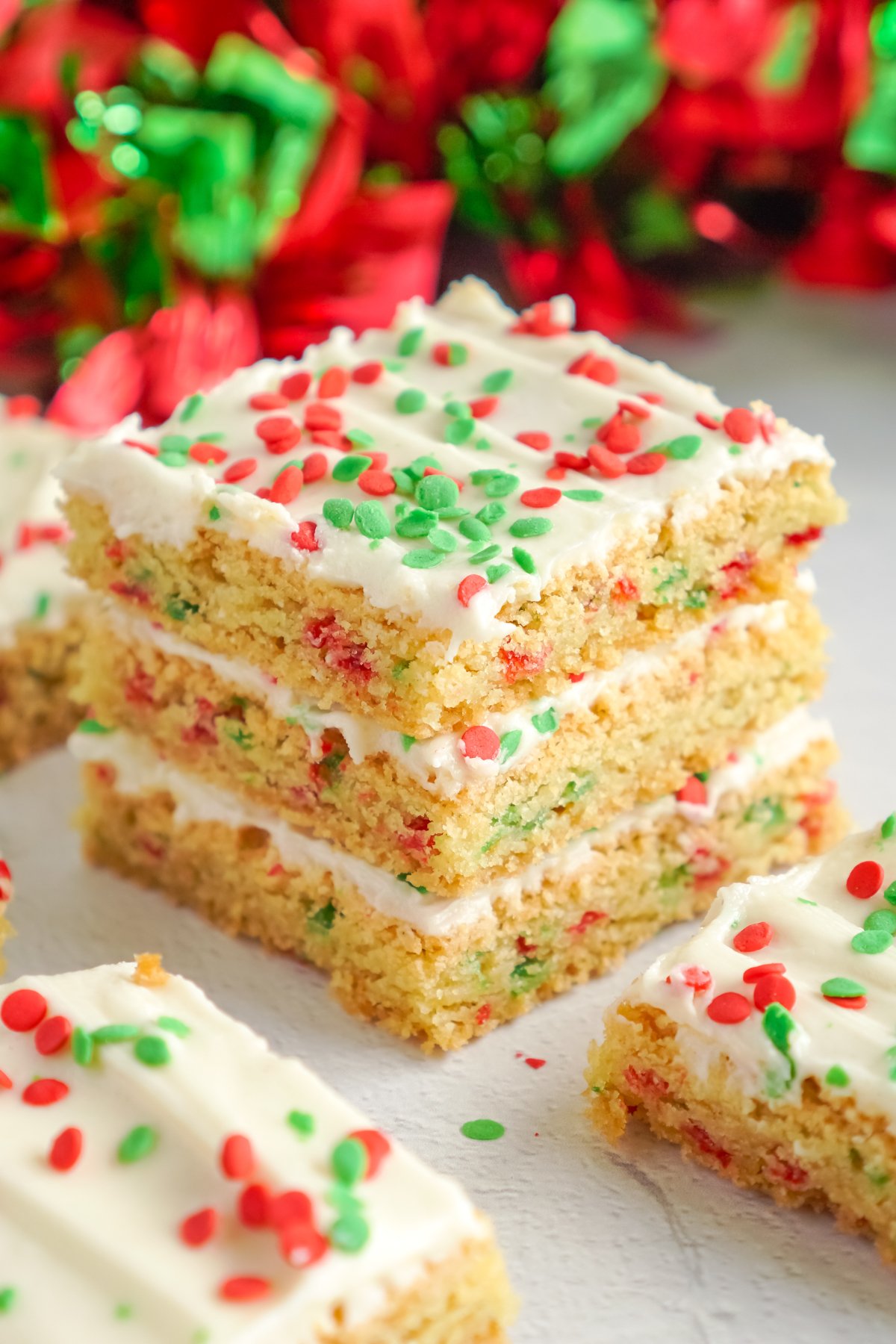 stack of Christmas sugar cookie bars on top of each other