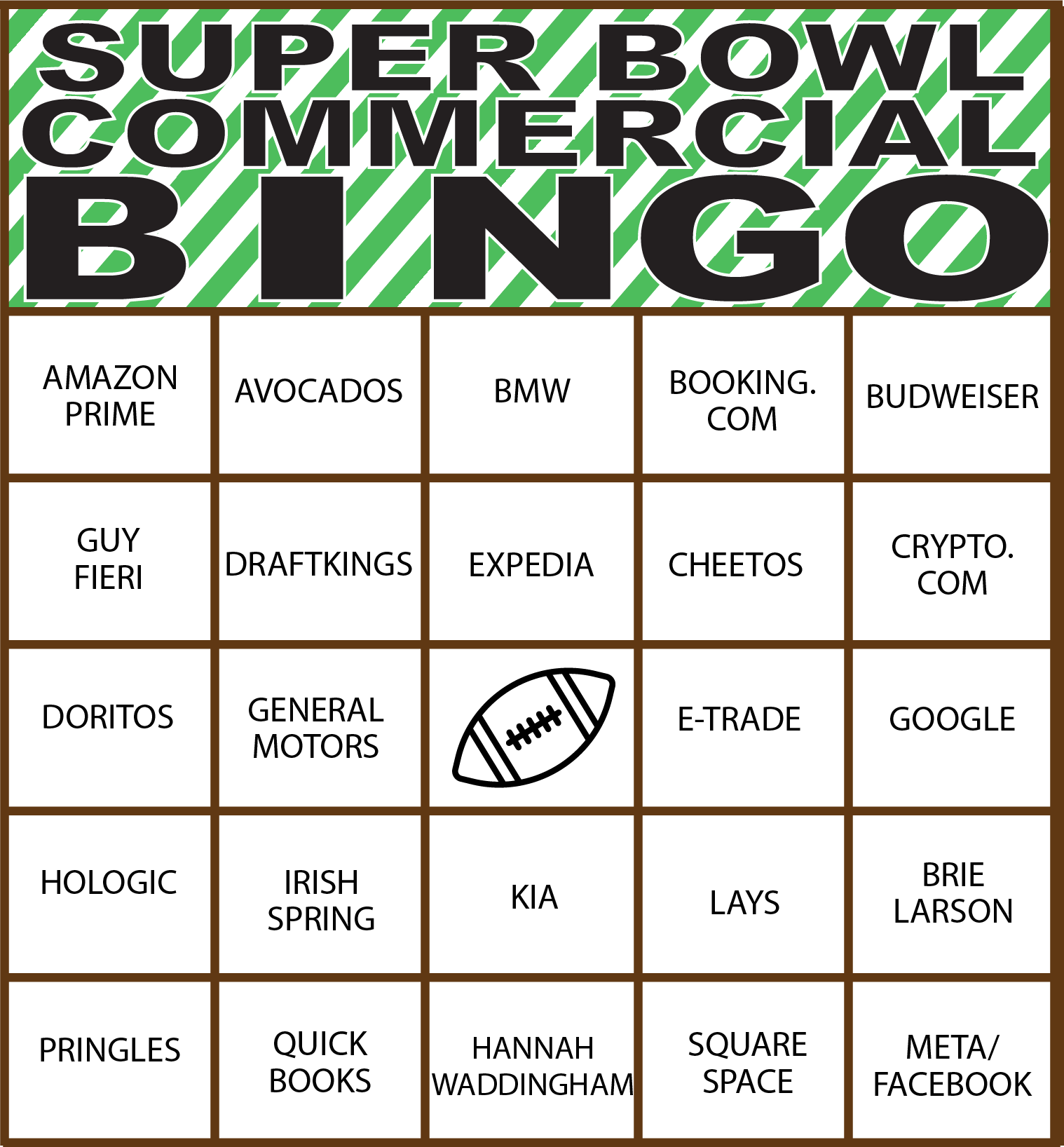 Super Bowl bingo card