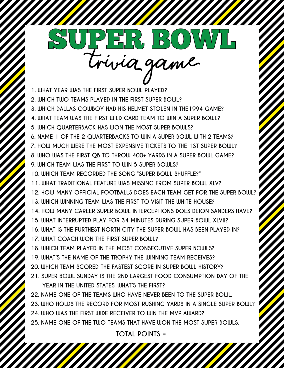 Free Printable Super Bowl Trivia Questions Game Play Party Plan