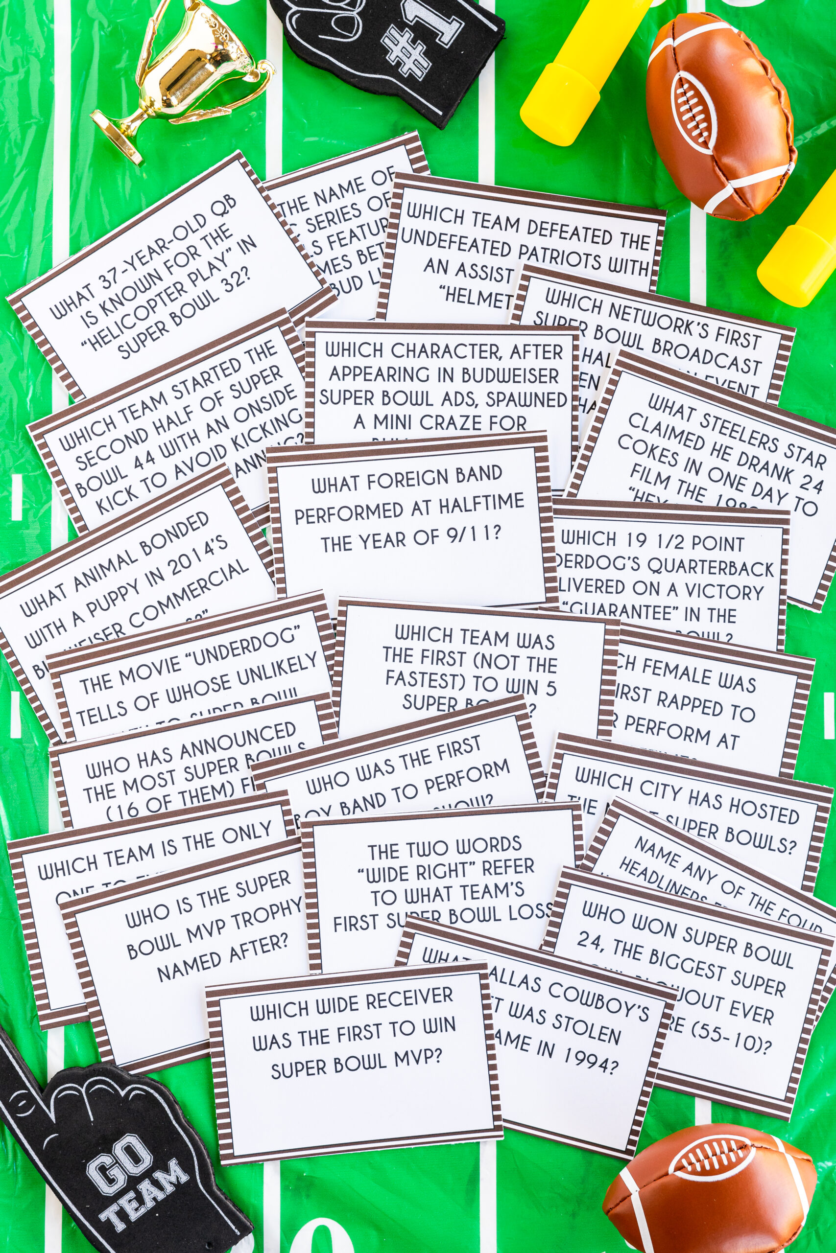 pile of Super Bowl trivia cards