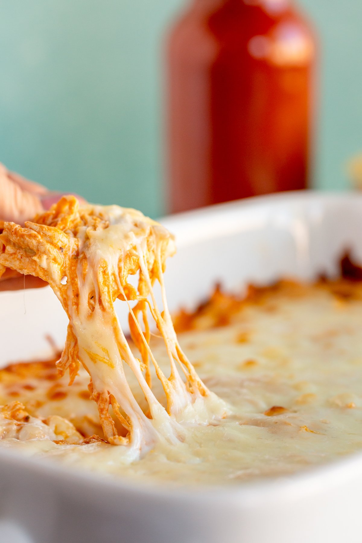 chip dipped in baked buffalo chicken dip