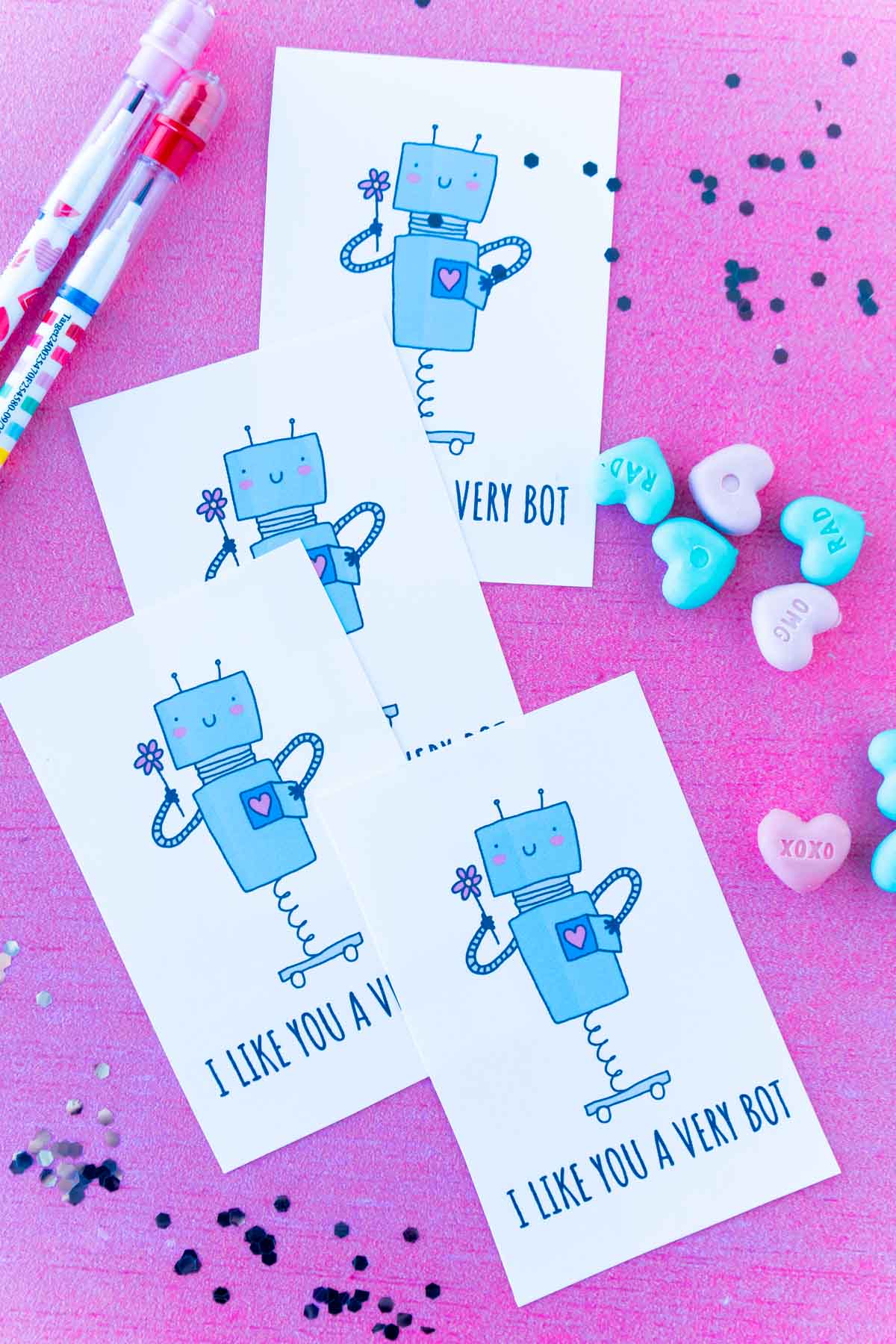 four printed out robot valentines