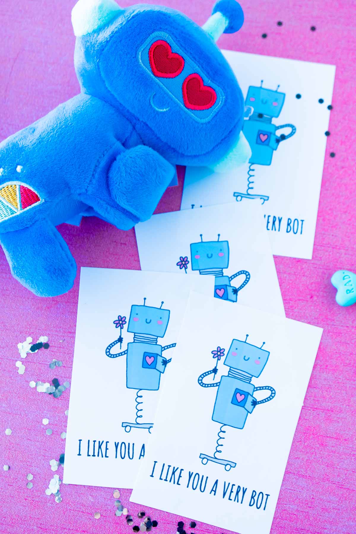 robot valentines with a stuffed robot