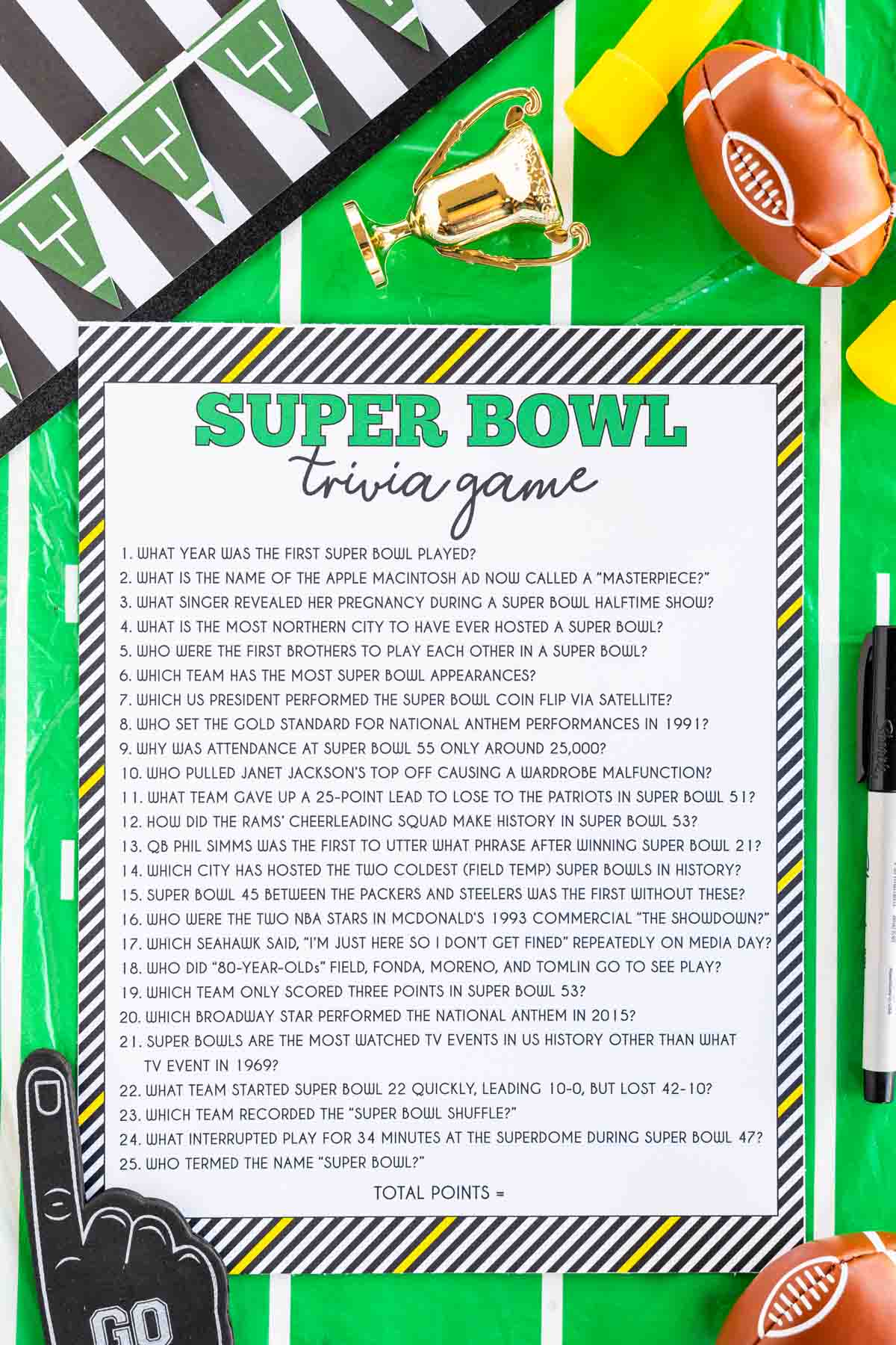 printed out Super Bowl trivia game