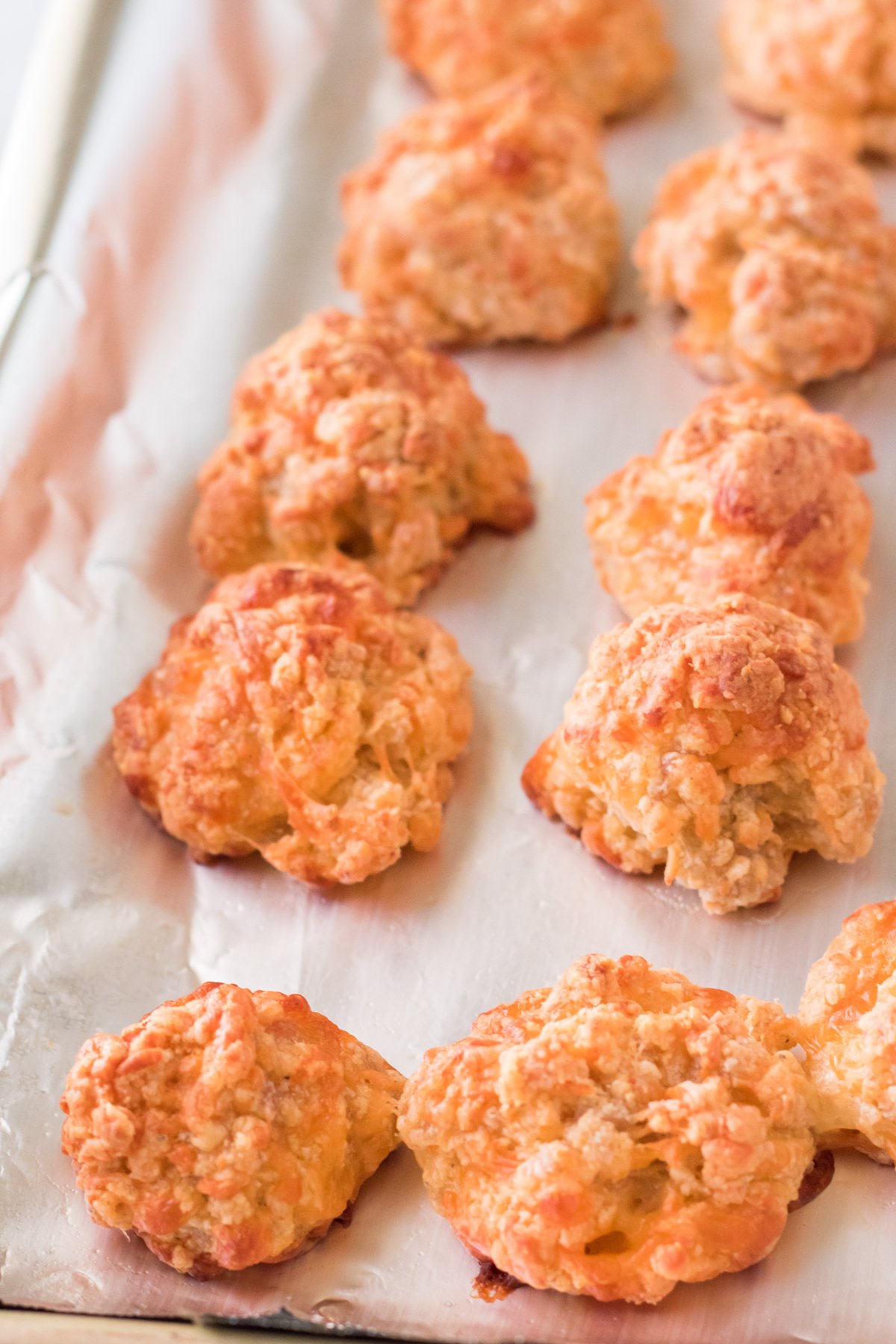 baking sheet with baked Bisquick sausage balls