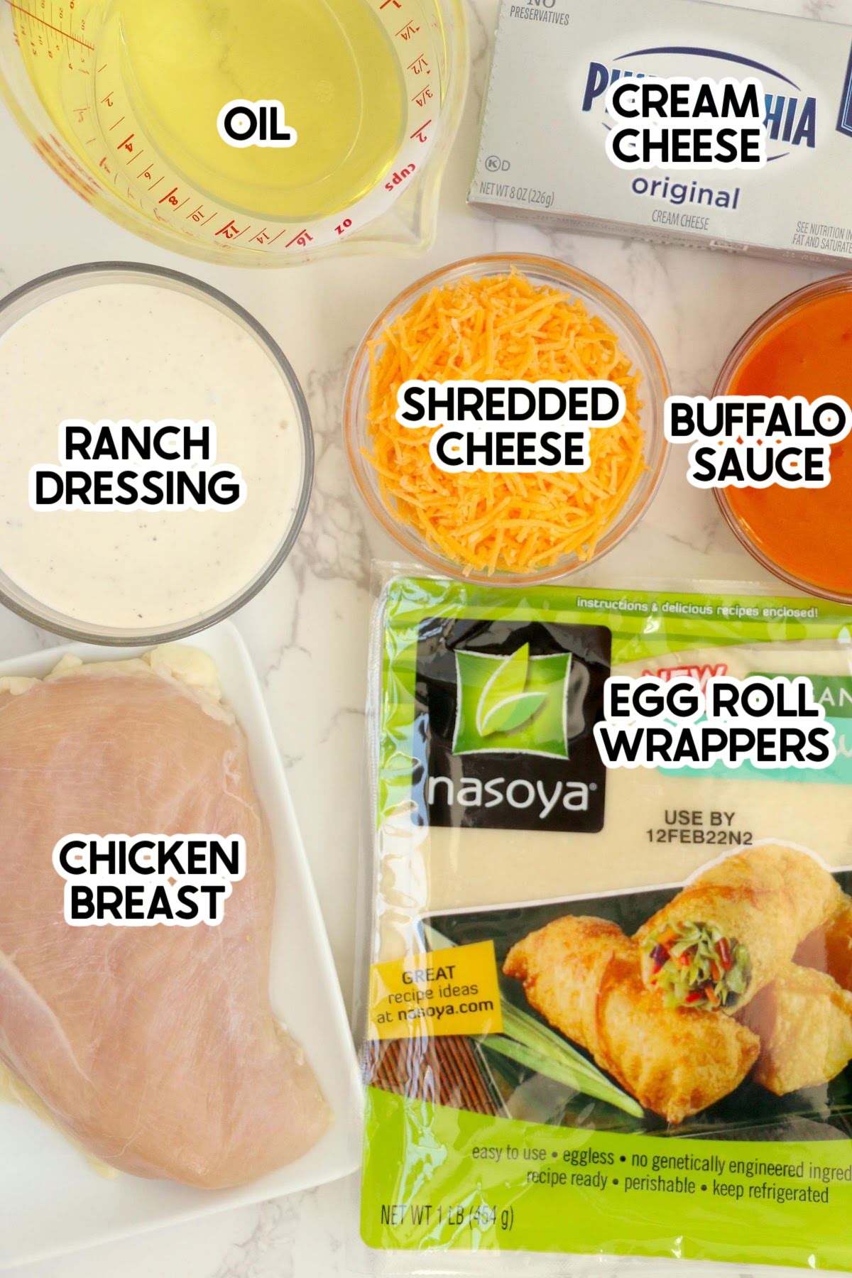 ingredients for buffalo chicken egg rolls with labels