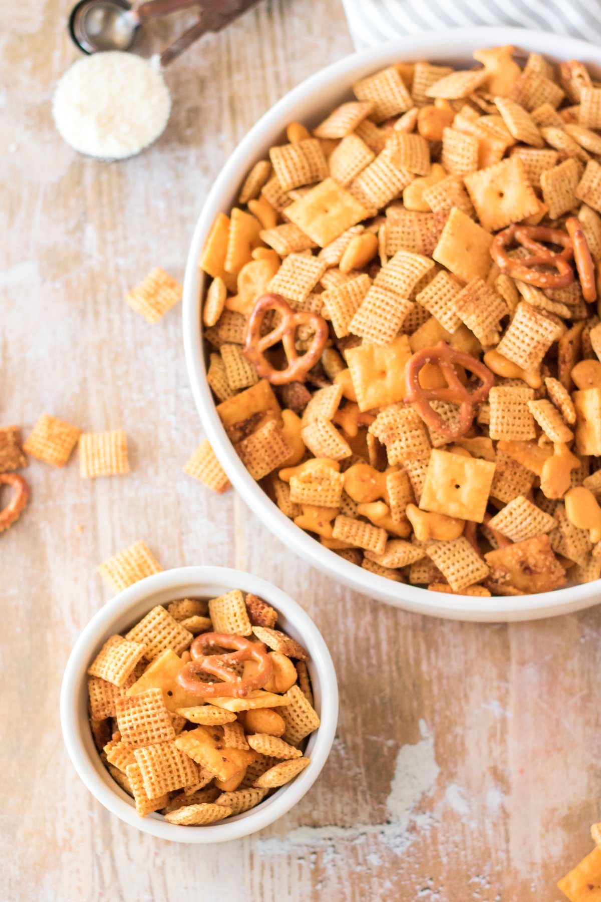 small bowl and large bowl of cheddar chex mix