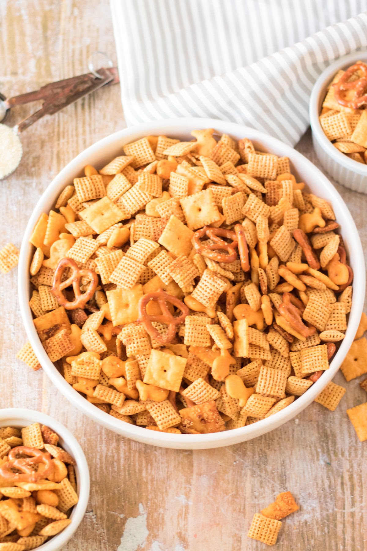 white bowl filled with cheddar chex mix