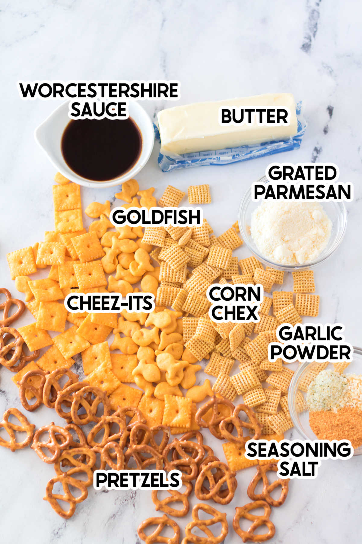 ingredients in homemade cheddar chex mix with labels