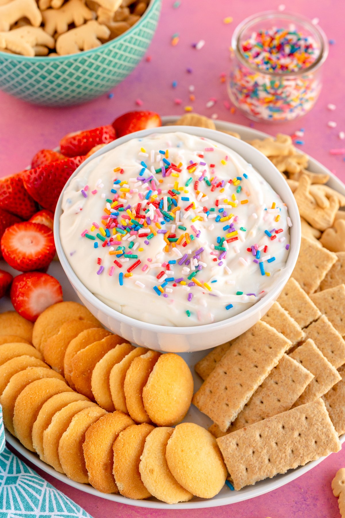 bowl of funfetti dip surrounded by dippers