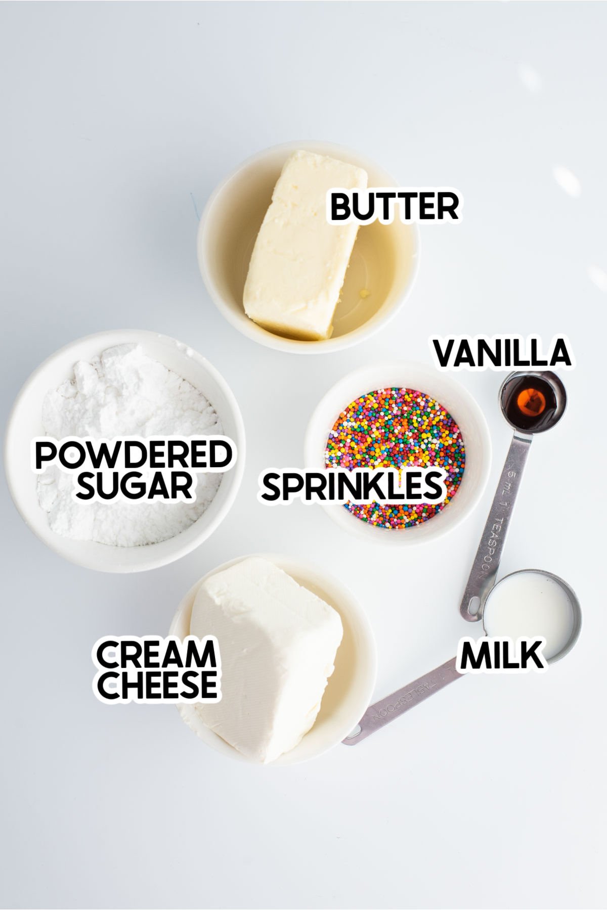 ingredients for funfetti dip with labels