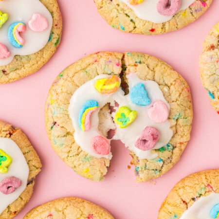 Lucky Charms cookies on a pink background