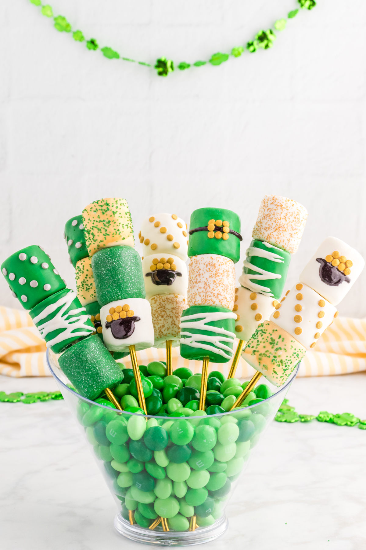St. Patrick's Day marshmallow pops in a vase