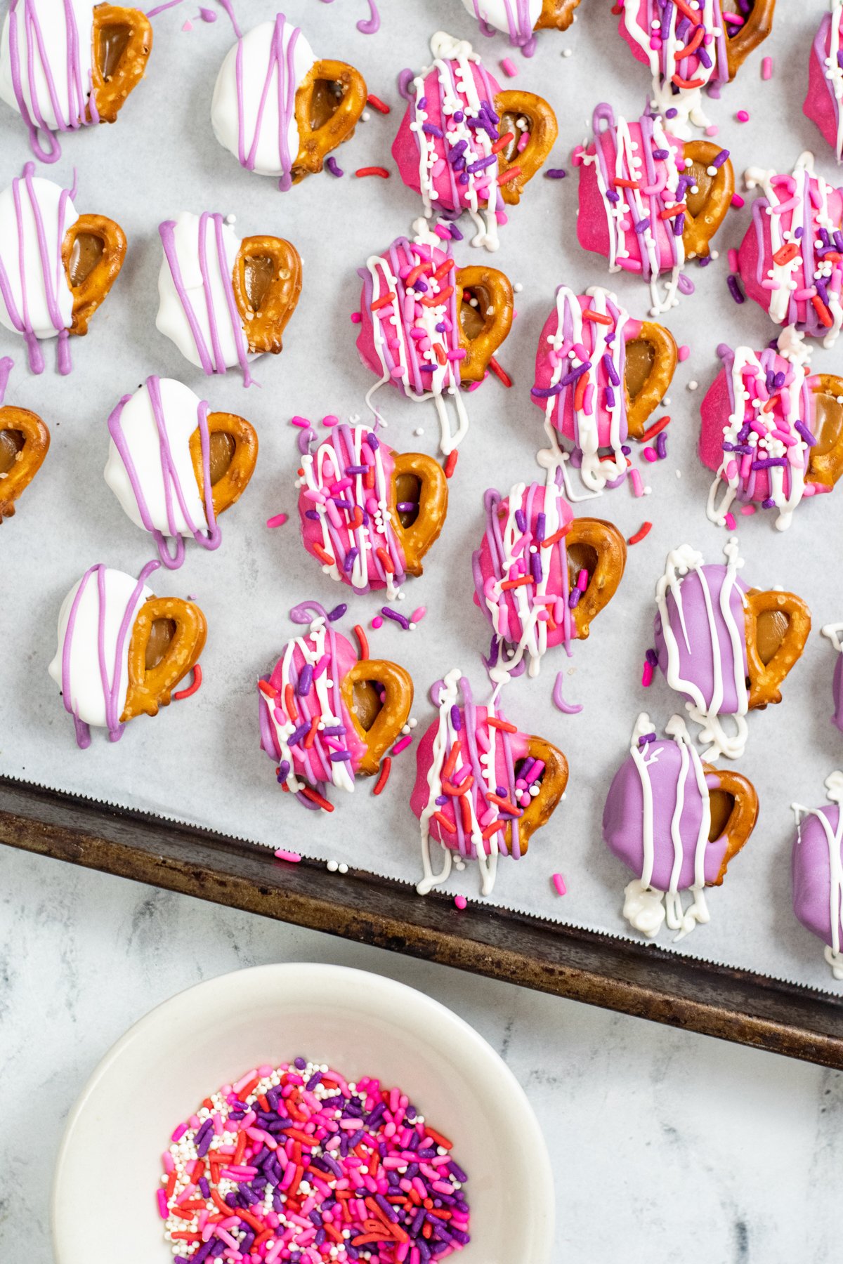 Valentine's Day pretzels drizzled with sprinkles