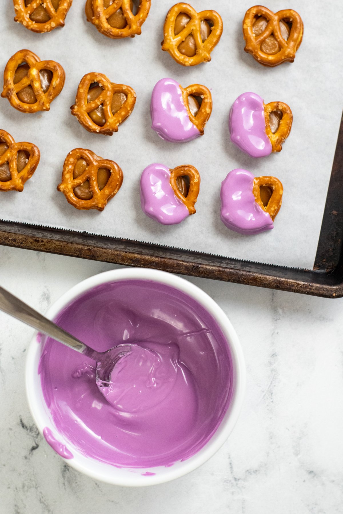 pretzels covered in purple melted candy melts