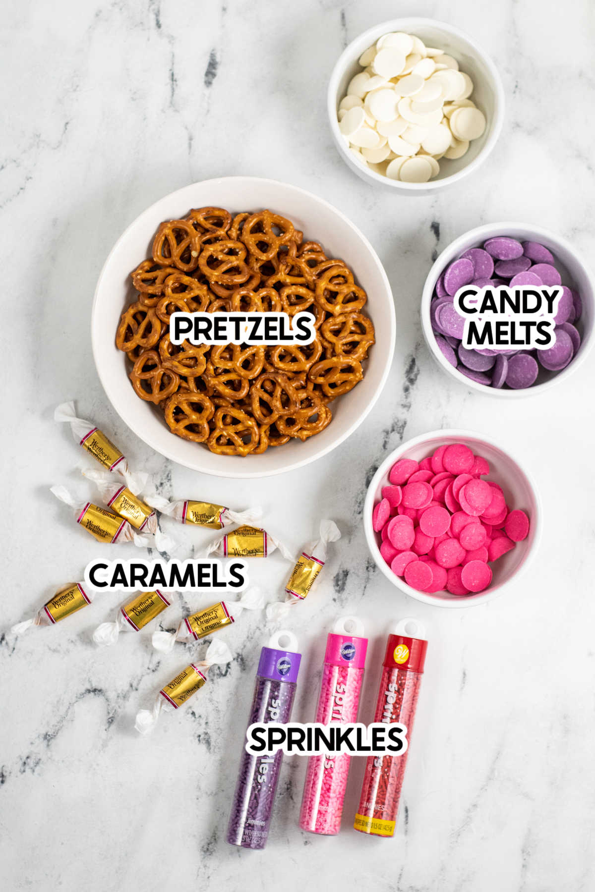 ingredients to make Valentine's Day pretzels with labels