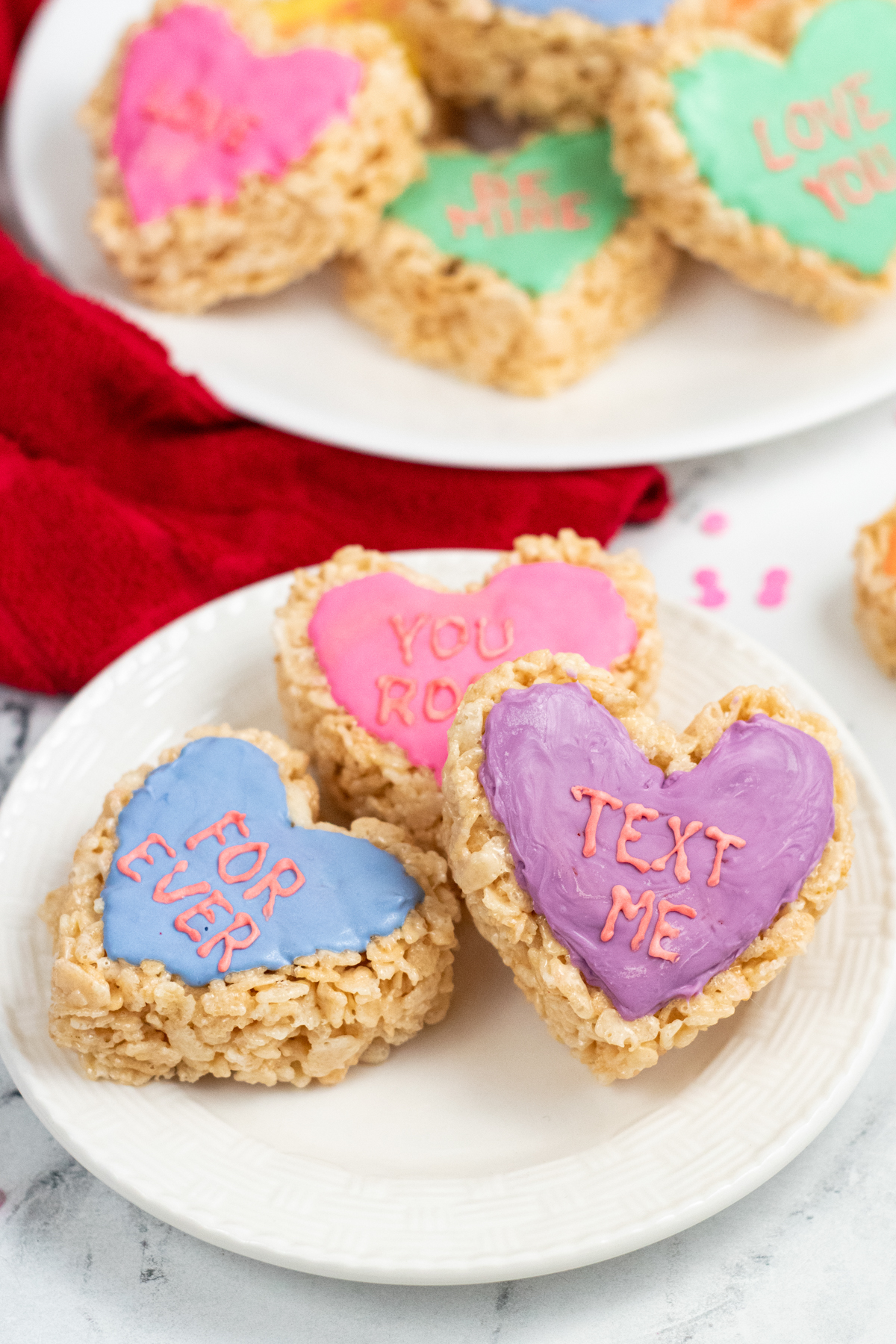 white plate with Valentine's Day rice krispy treats