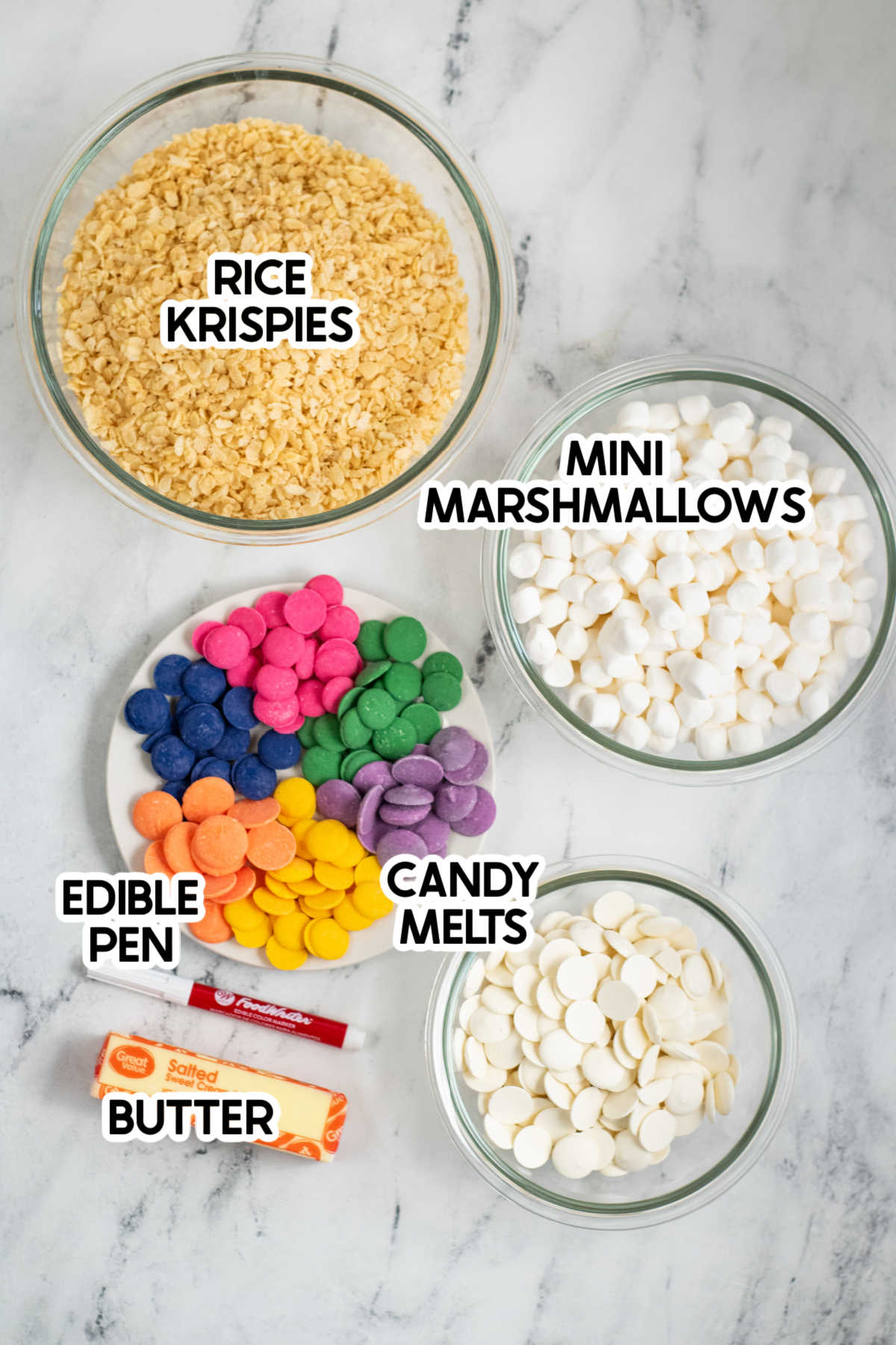 ingredients to make Valentine's Day rice krispy treats with labels