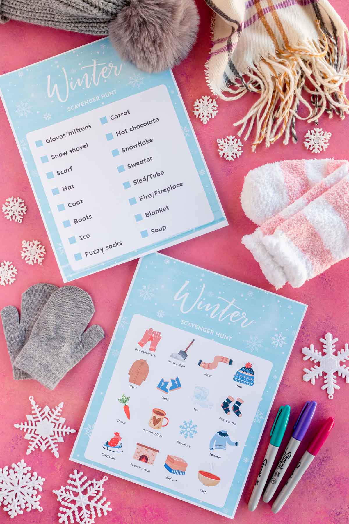 two print outs of a winter scavenger hunt with winter props