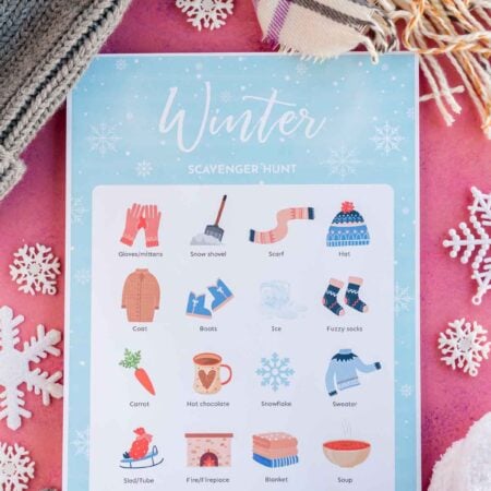 Printed out winter scavenger hunt with pictures