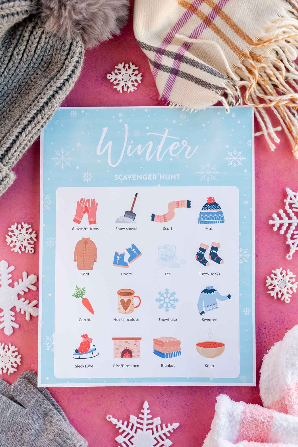 Printed out winter scavenger hunt with pictures