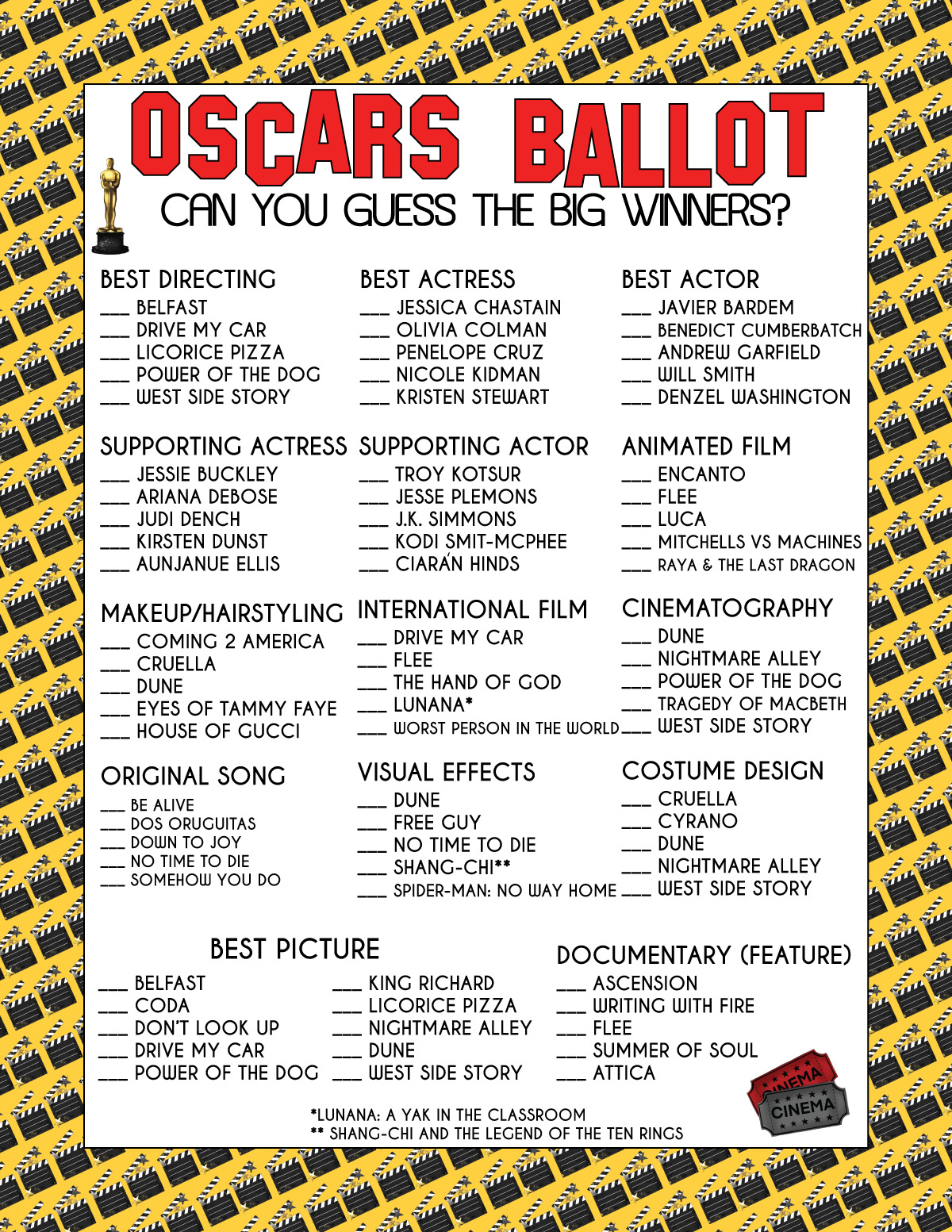 Printable Oscars ballot for 2022
