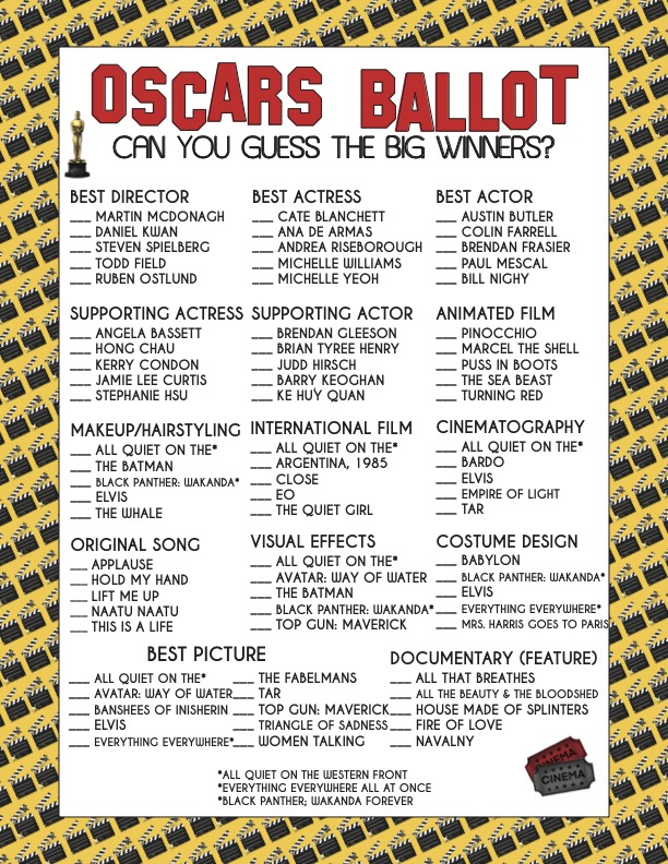 Oscar nominees printable list 