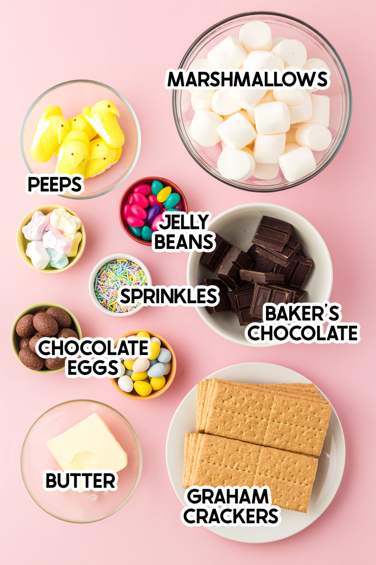 ingredients to make an Easter chocolate bark with labels