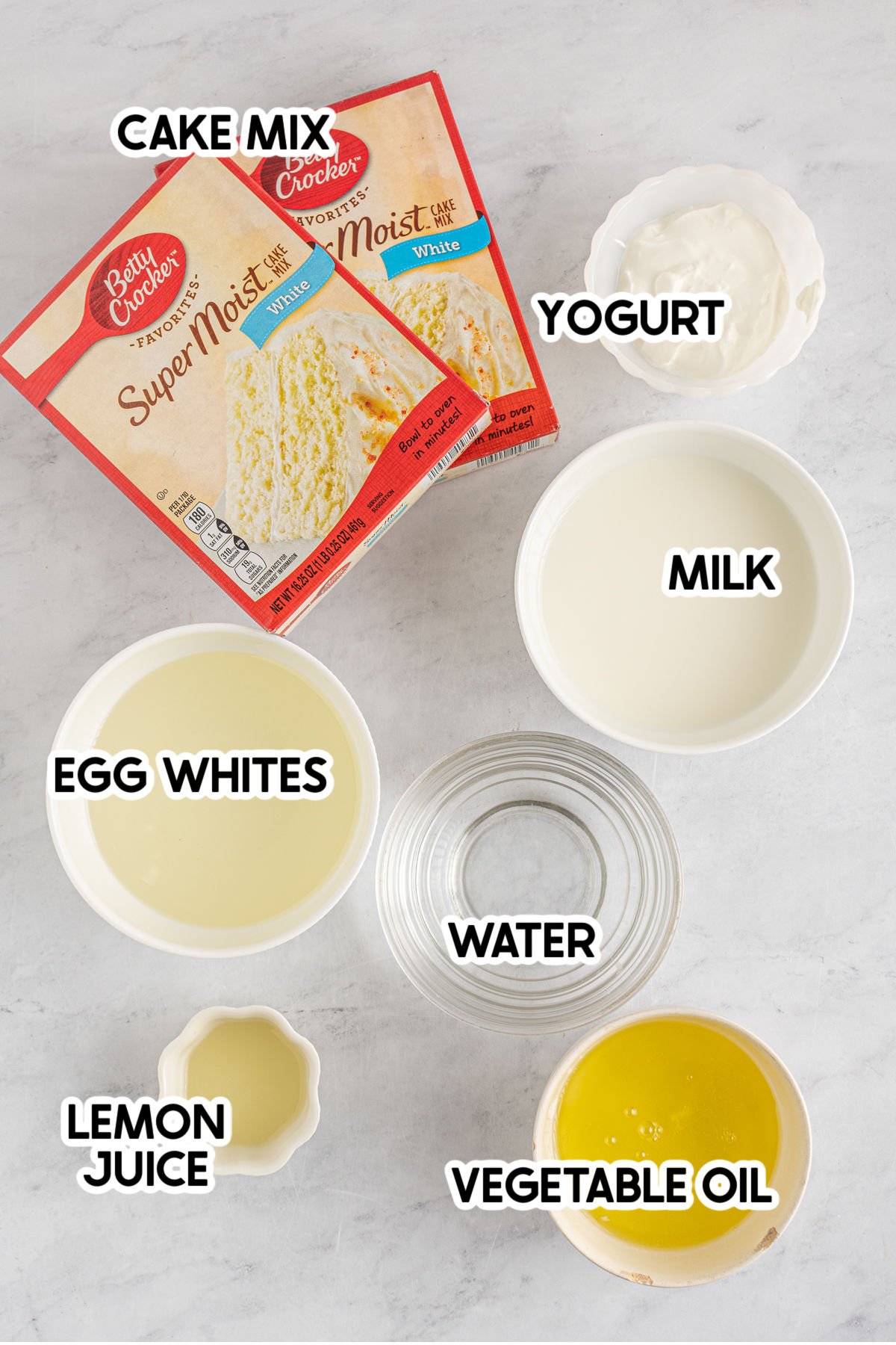 ingredients for an Easter egg cake with labels