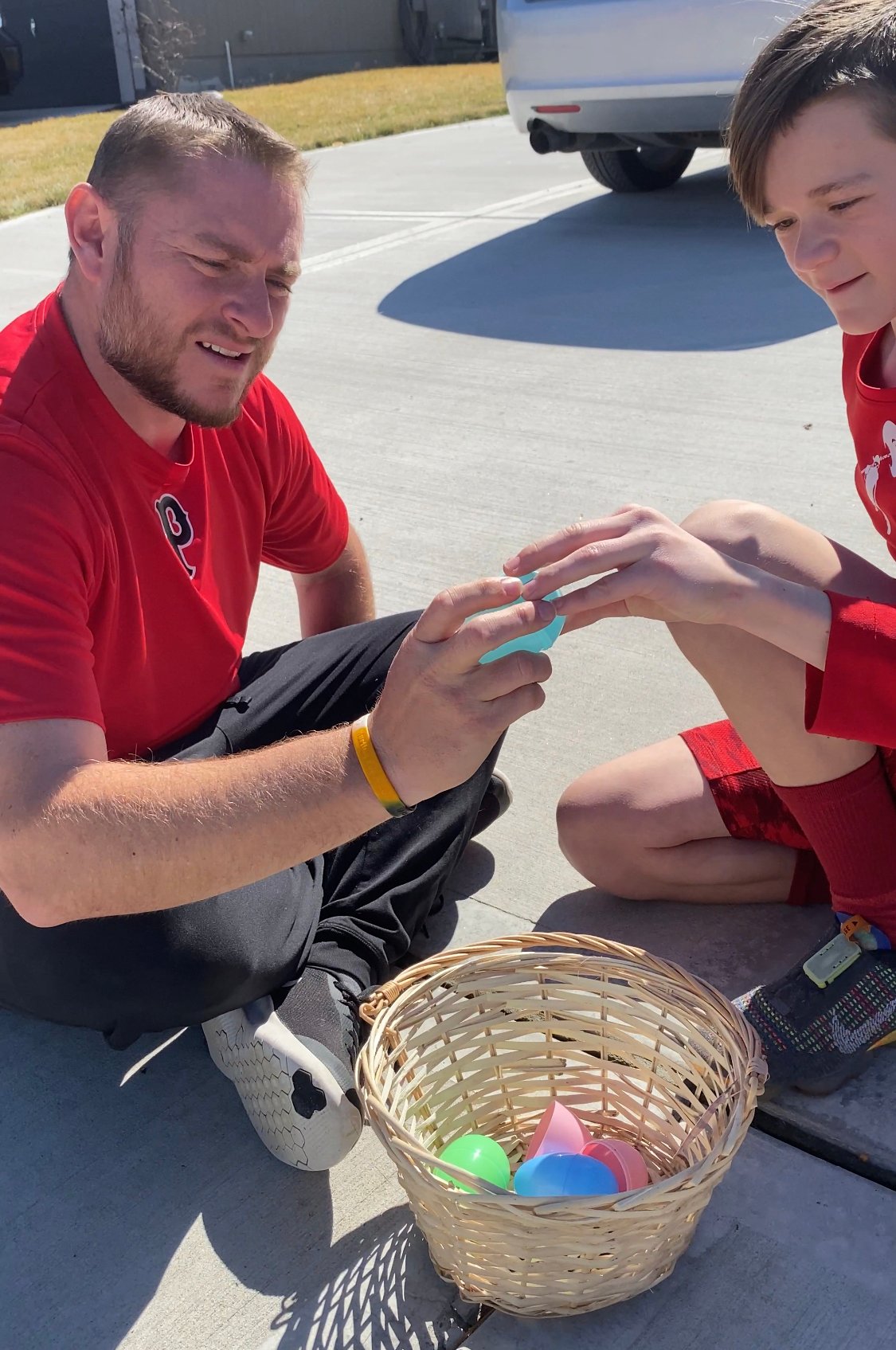 Dad and son playing Easter games together
