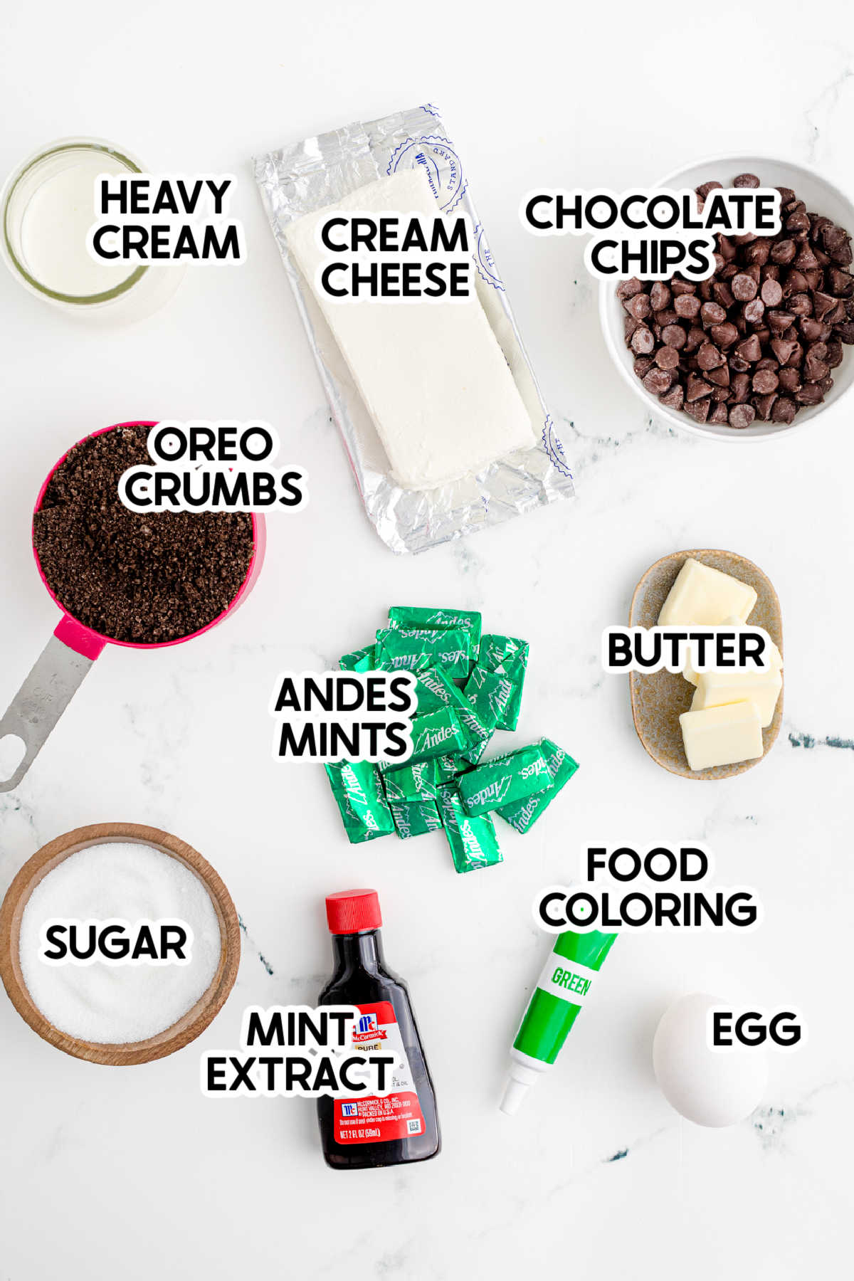 ingredients for mint chocolate cheesecake with labels